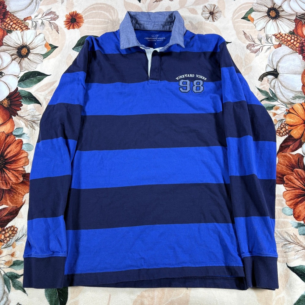 Vineyard Vines Mens Rugby Shirt Striped 98 Logo Chambray Collar Blue Size Small